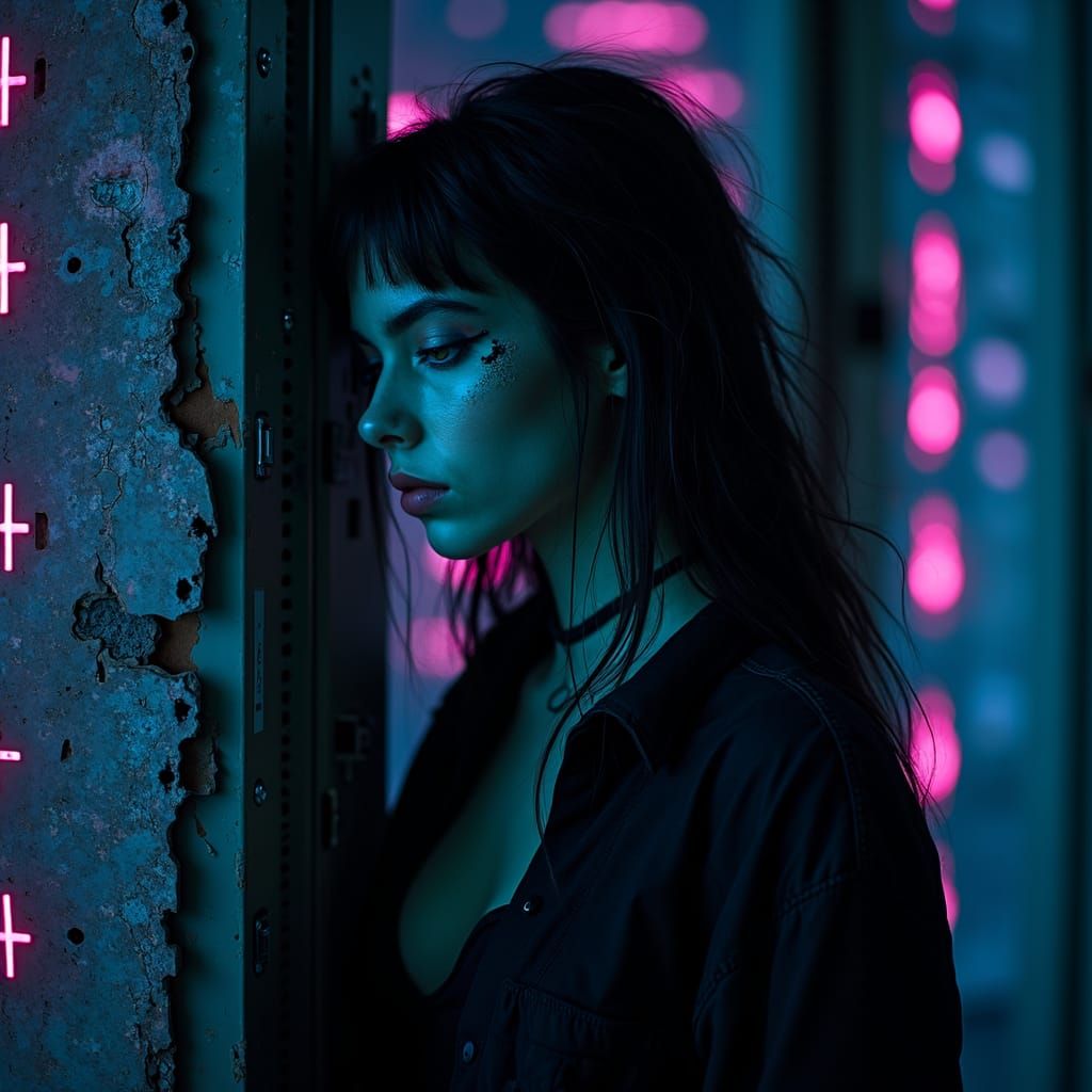 Cyber-Gothic Woman in Abandoned Data Center