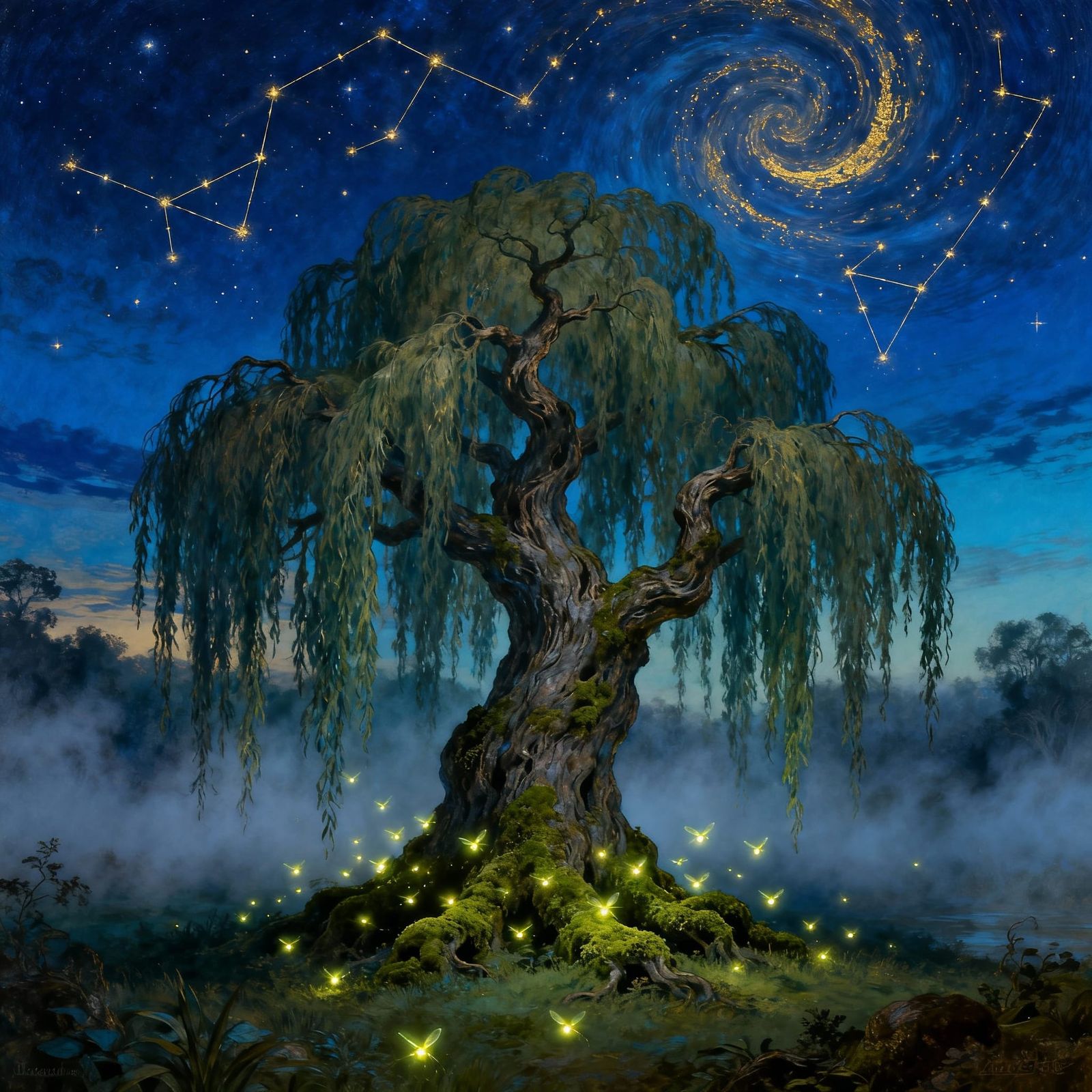 Ancient Willow Tree in Misty Clearing Under Constellations
