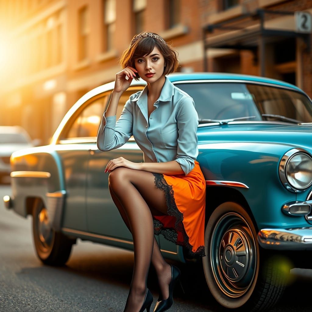 Woman Posing with Vintage Car in Golden Hour City