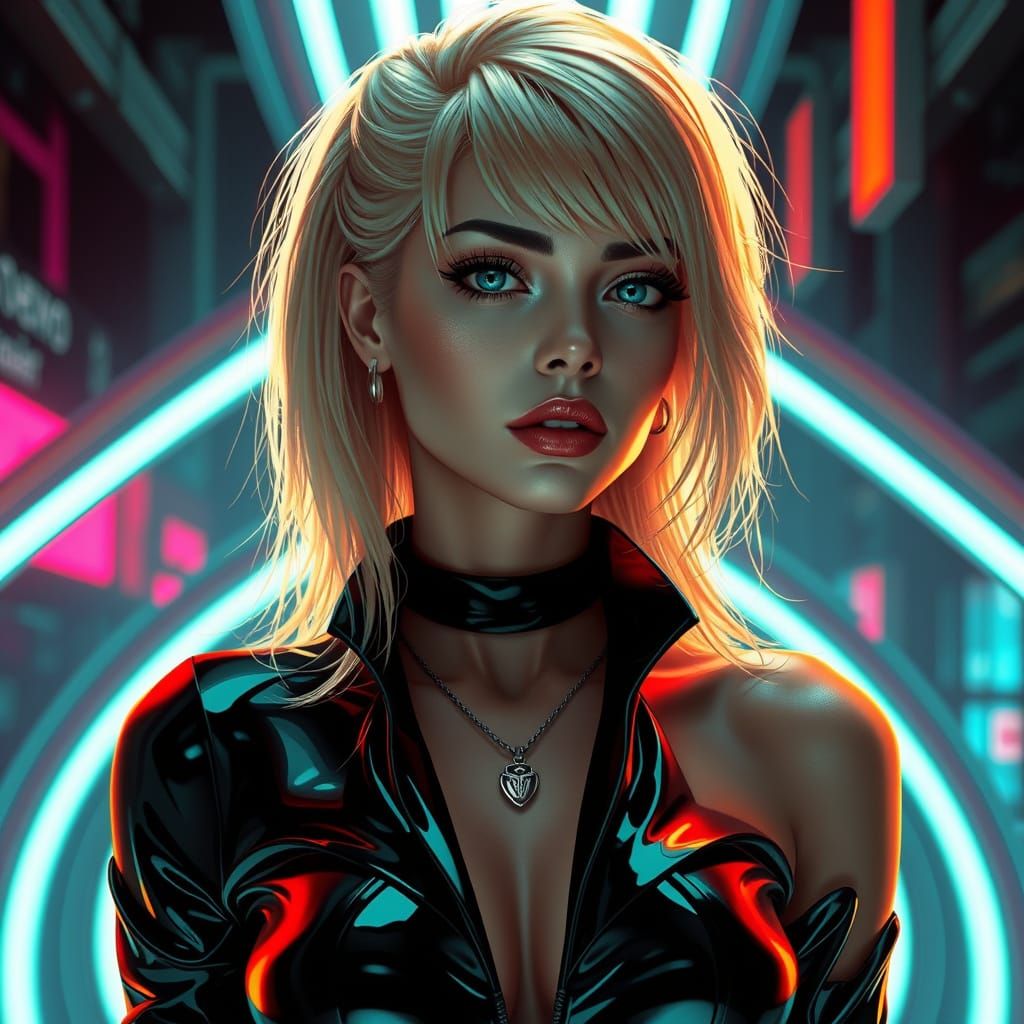 Cyberpunk Woman with Blond Hair and Neon Lights