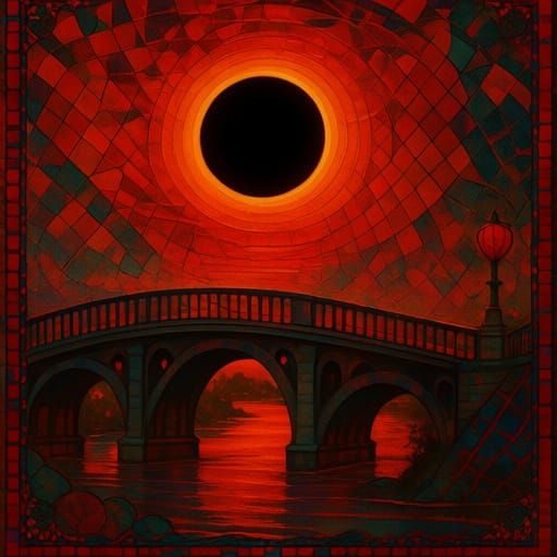 Black Hole Sun Over Bridge in Romantic Cubist Style