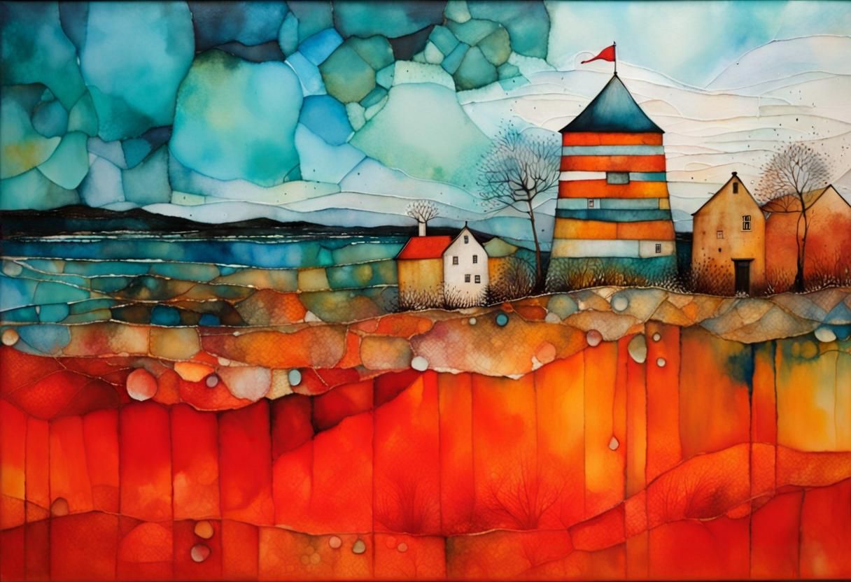 Abstract Seascape in Encaustic Alcohol Ink Style