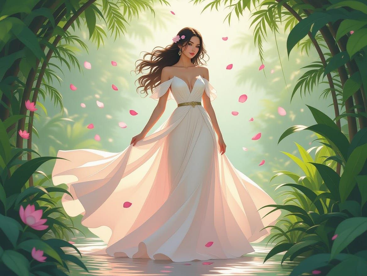 Surreal Goddess in Lotus-Inspired Gown Amidst Enchanted Fore...