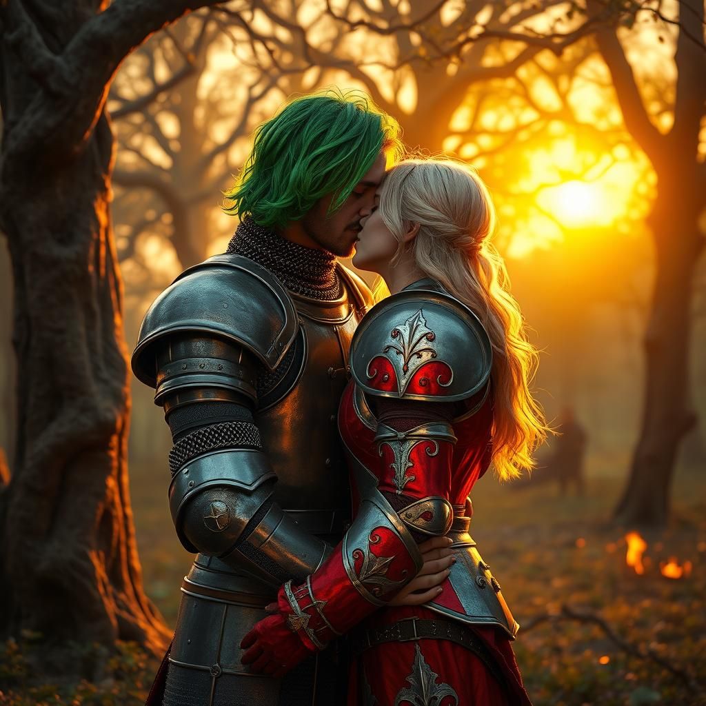 Knights' Tender Kiss in Mystical Forest as Oil Painting