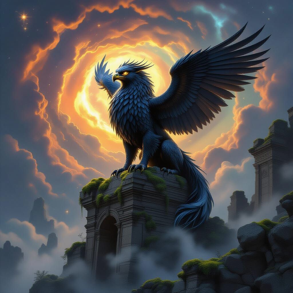 Majestic Gryphon on Ancient Ruins in Dark Fantasy Style