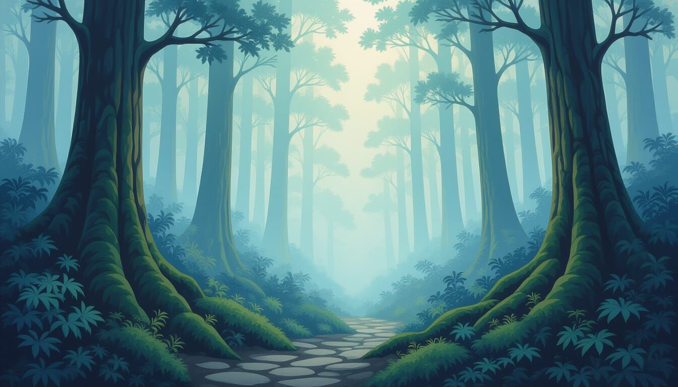 Misty Japanese Forest Landscape in Fantasy Style
