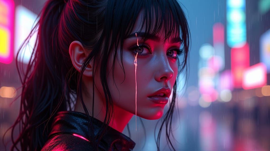 Cyberpunk Woman in Neon Cityscape Movie Poster
