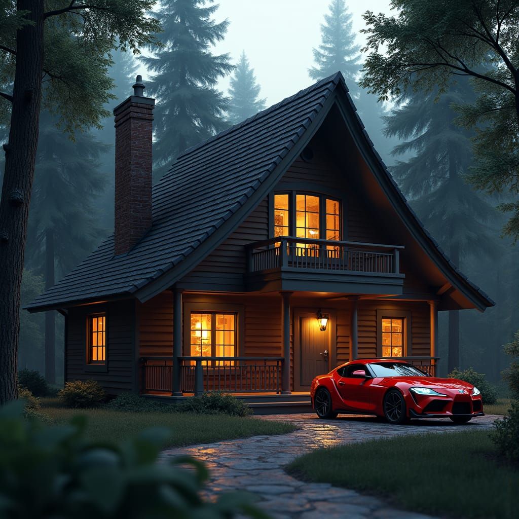 Dark Wood House with Red Car, Cinematic 3D Render