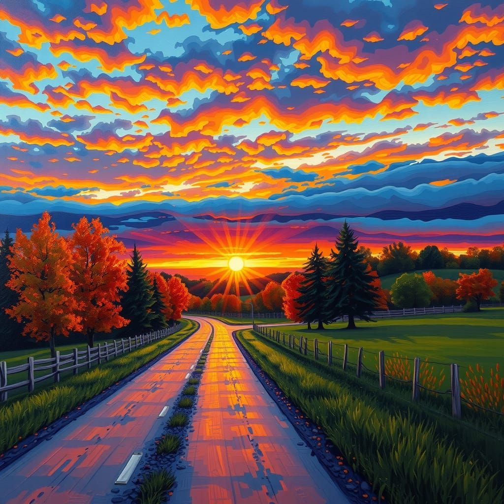 Picturesque Autumn Country Road Sunset in Abstract Art