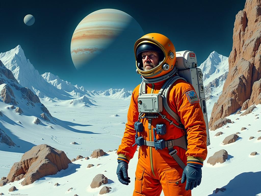 Astronaut Prospecting on Saturn Moon in Orphism Style