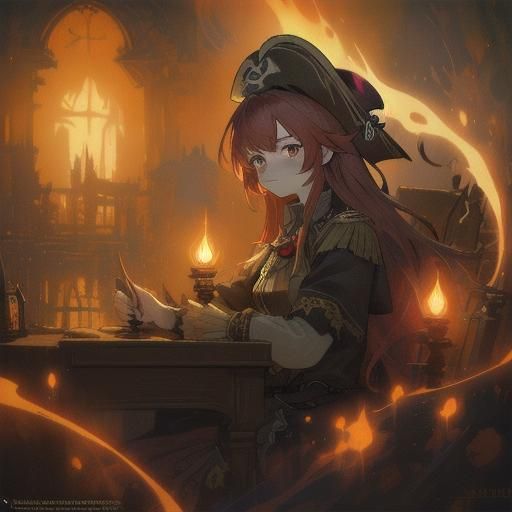 pirate captain cabin, 1 girl, 20 yers old slim female pirate captain, candelight, on pirate ship, frills, huge breast, s...