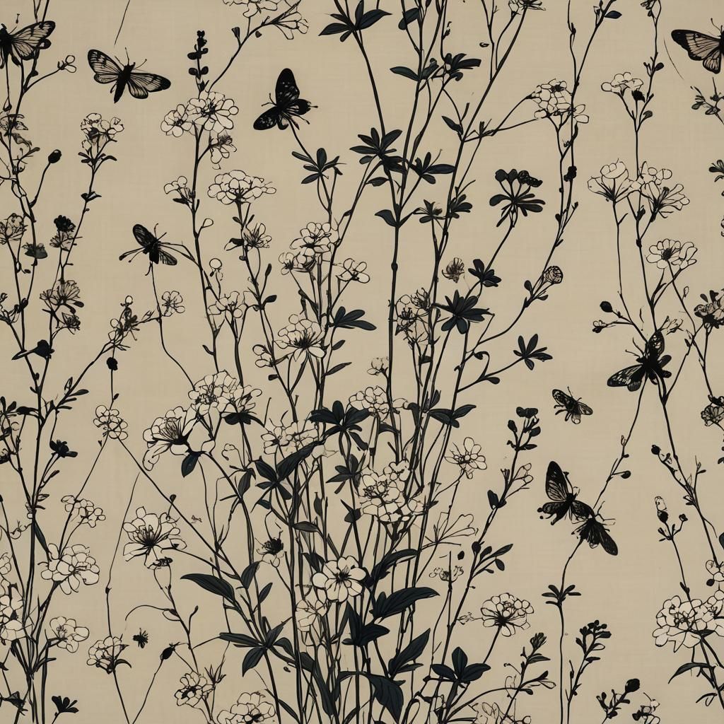 Minimalist Line Drawing of Flowers and Insects