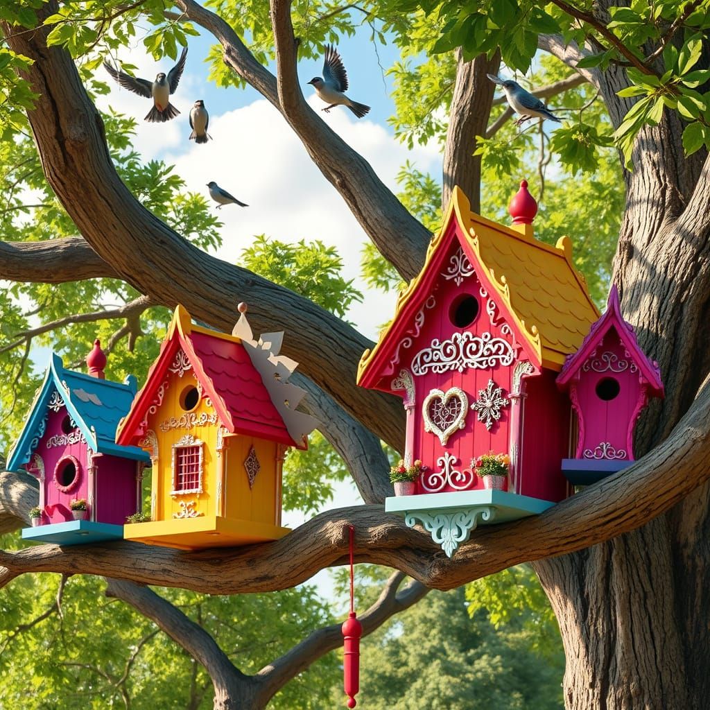 Colorful Victorian Birdhouses on Old Oak Tree