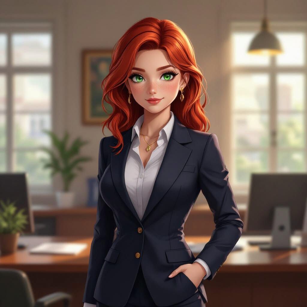 Confident Redhead Principal in Anime Art Style