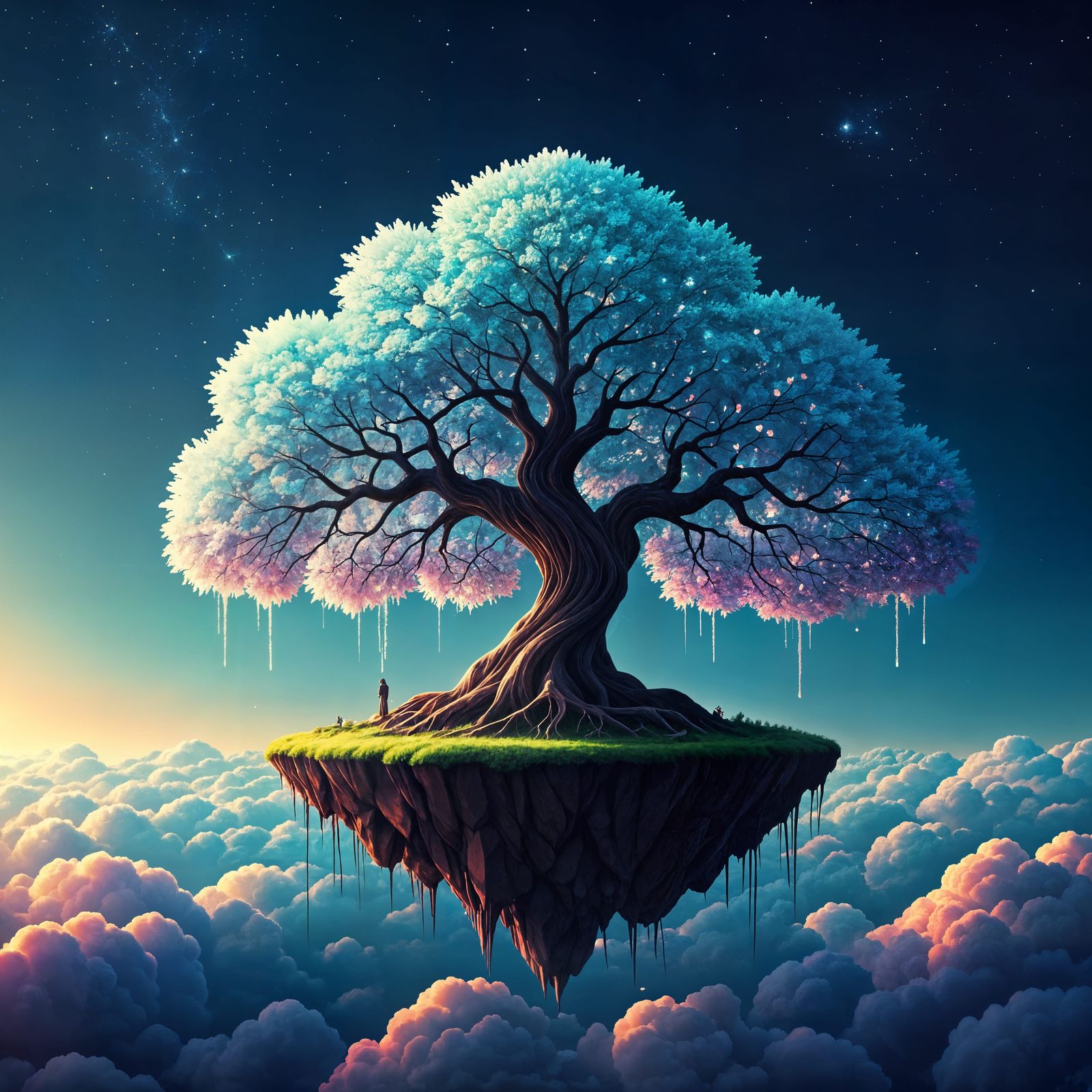 Luminous Tree Rises from Celestial Clouds