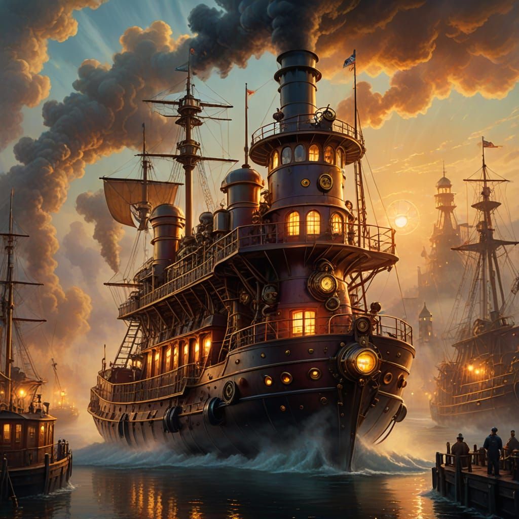 Ethereal Steampunk Lightship in Golden Glow