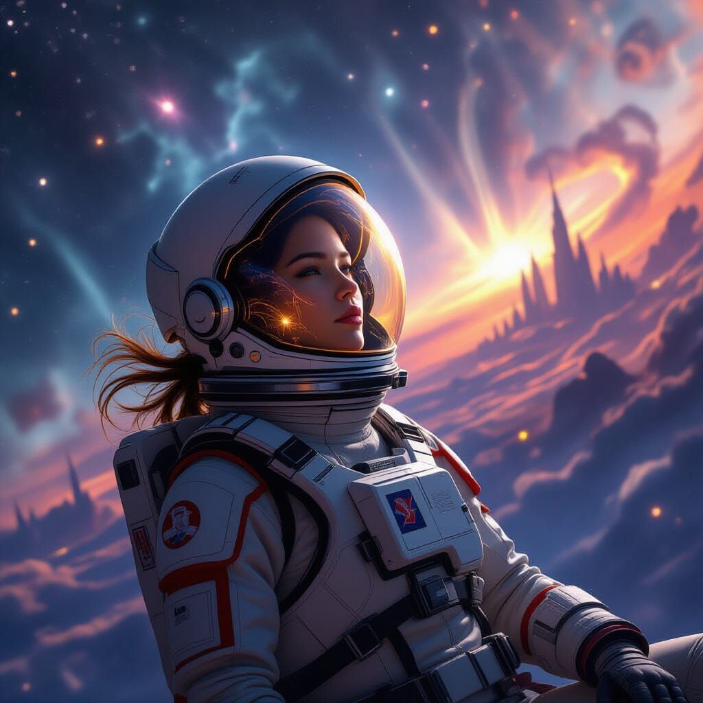 Astronaut Adrift in Nebula Reflecting Alien City