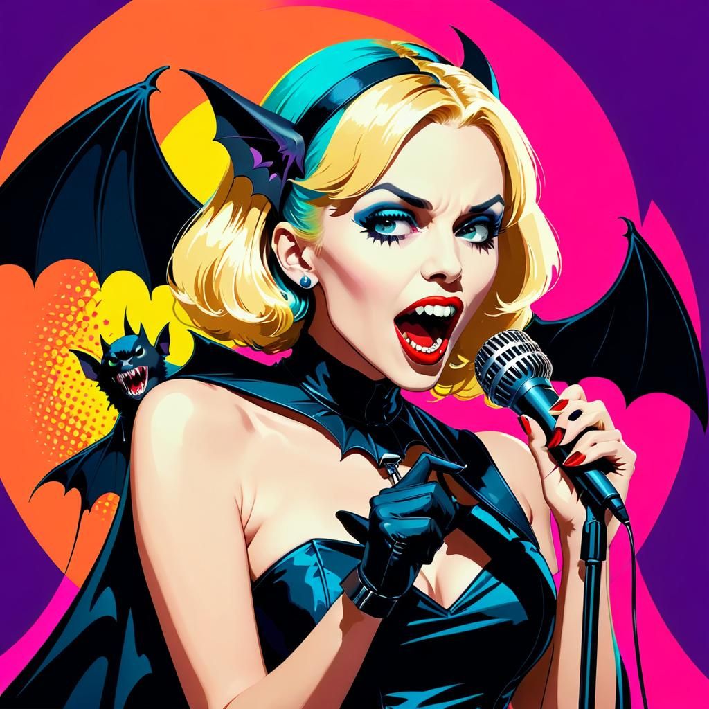 Gothic Singer About to Be Bitten by Bat in Pop Art