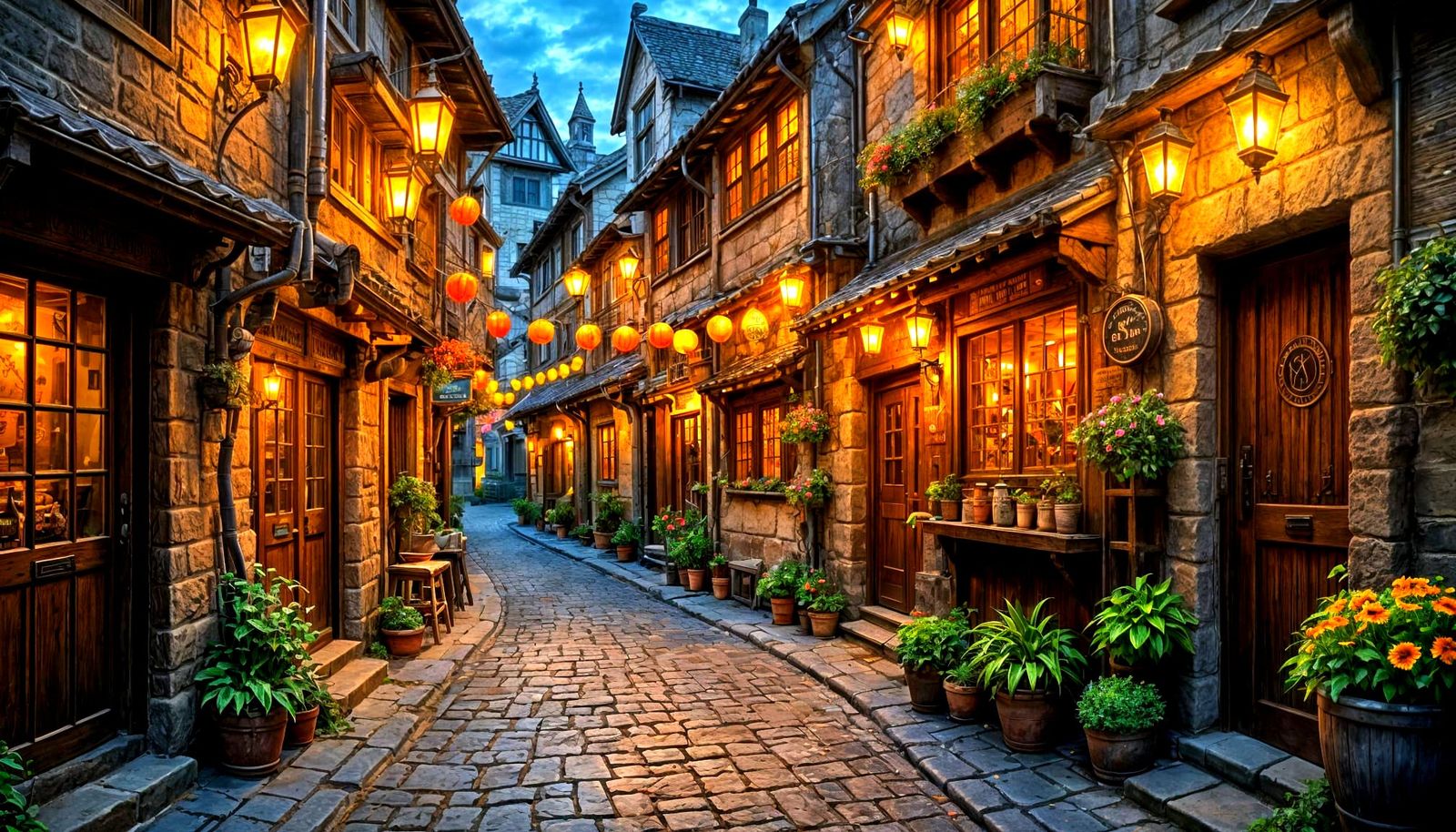 Medieval Alleyway with Glowing Tavern in Silk Tapestry Style