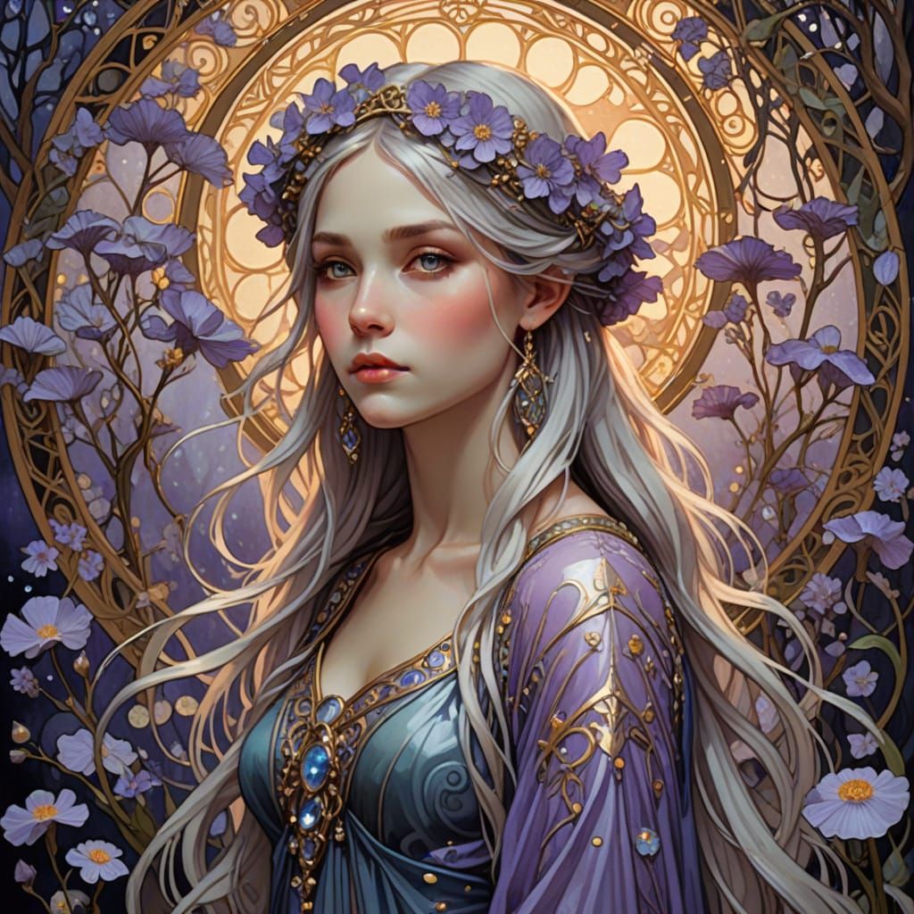 Ethereal Elf in Bioluminescent Grotto, Inspired by Klimt