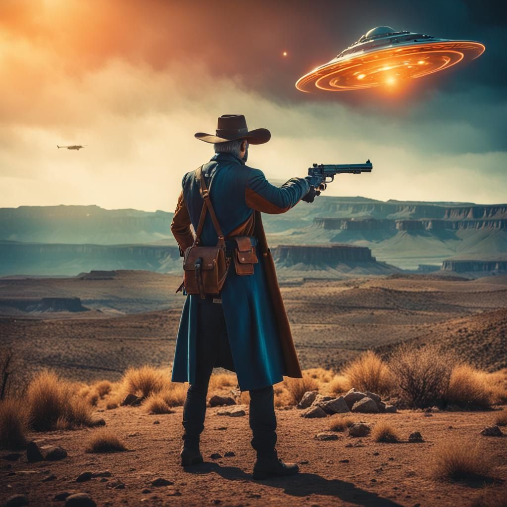 Western Gunslinger Aims at UFO in Cinematic 4K