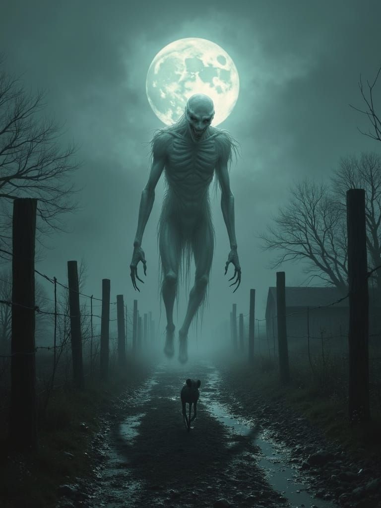 Ethereal Horror Creature Stalks Farm Under Moonlit Shadows
