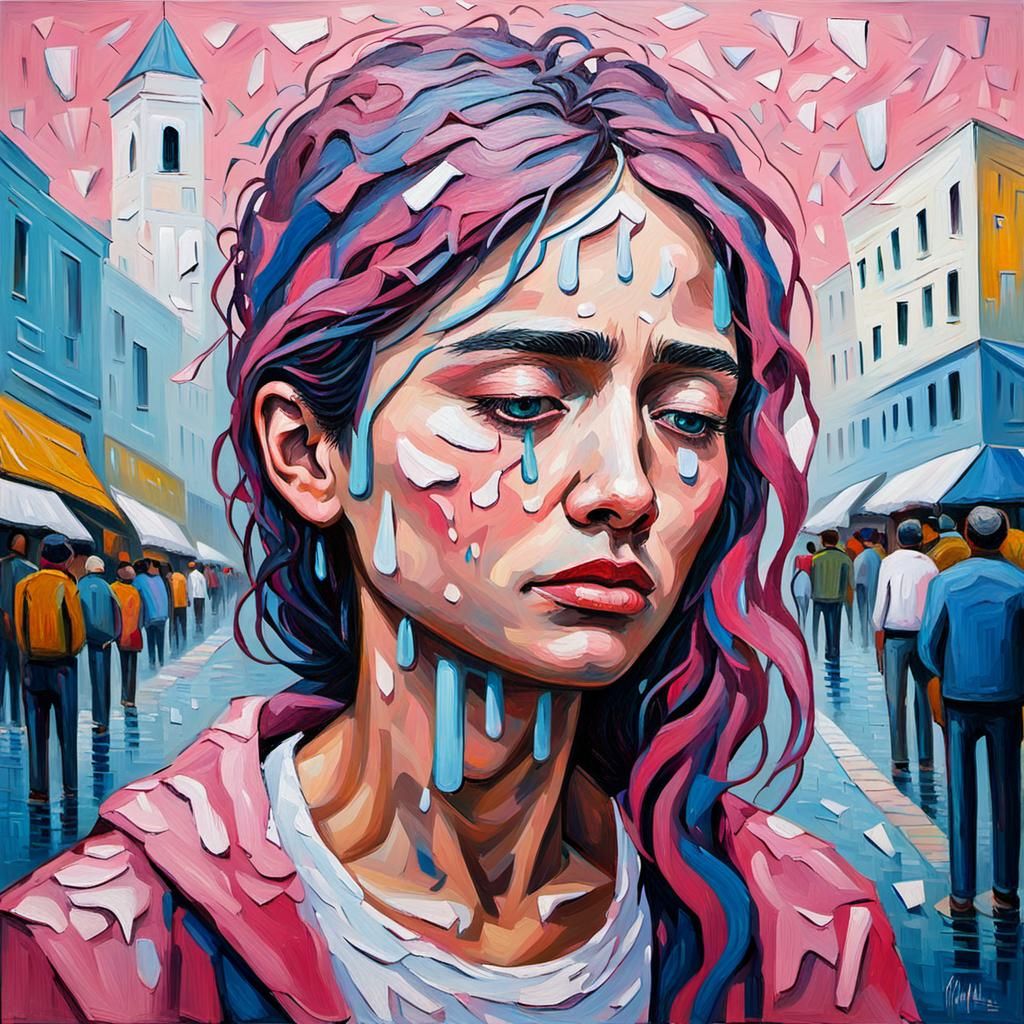 Crying Woman in Crowded Street: Neo-Impressionist Oil Painti...