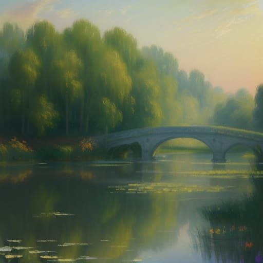 Ethereal Golden Hour Landscape with Serene Lake and Bridge