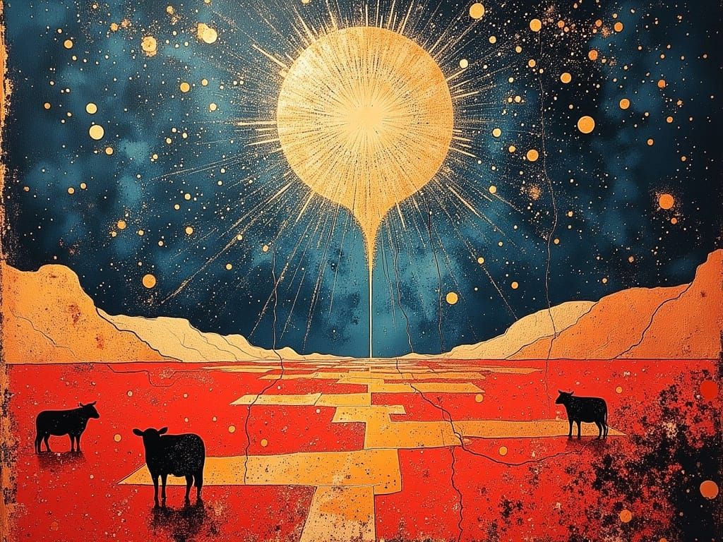 Surreal Desert Scene with Floating Cows and Fireworks