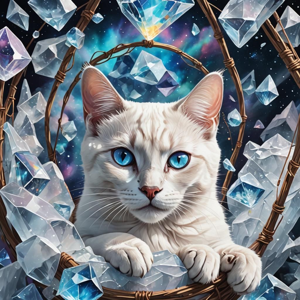 Siamese Cat in Crystal Landscape, Holographic Illustration