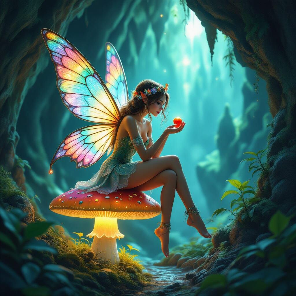 Ethereal Fairy on Glowing Mushroom in Crystal Cave