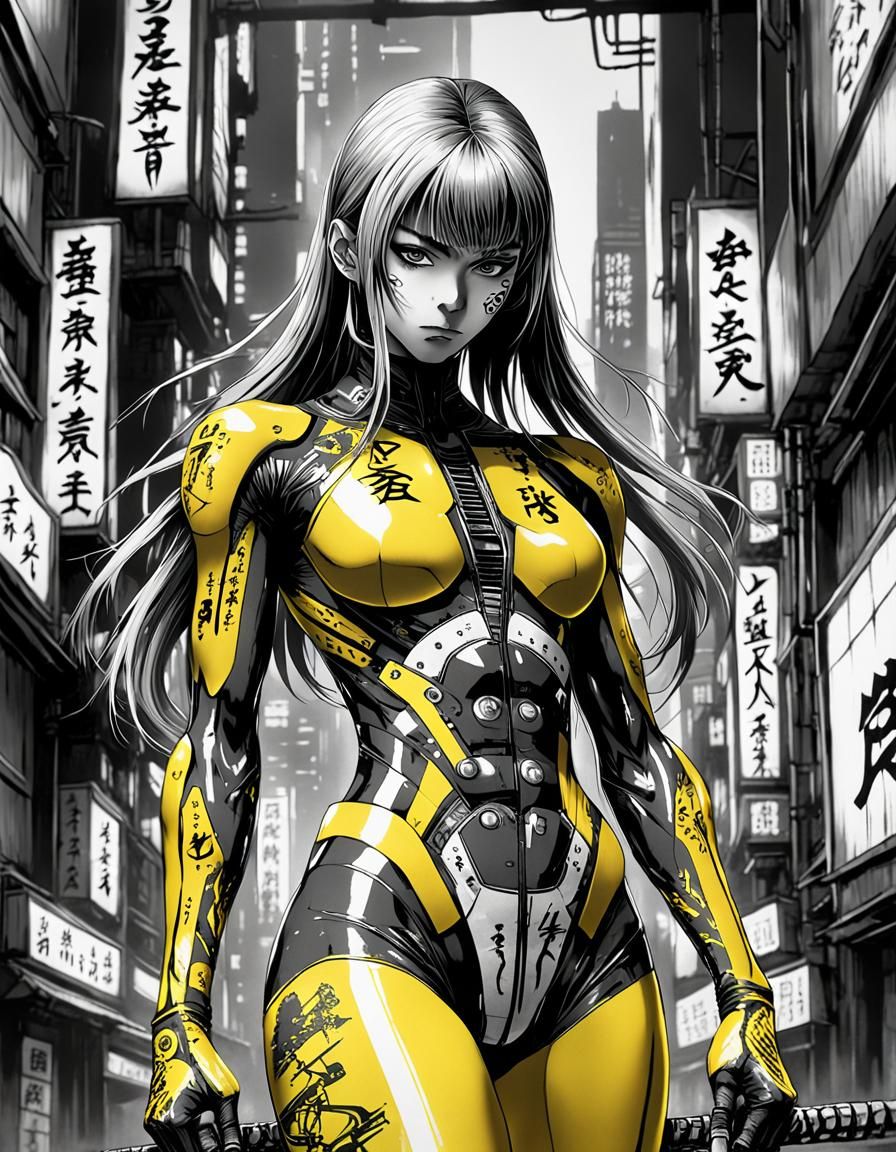 Cyberpunk Manga Ninja in Yellow Latex Suit