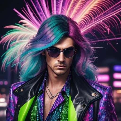 Neon Synthwave Portrait with Rainbow Leopard Print