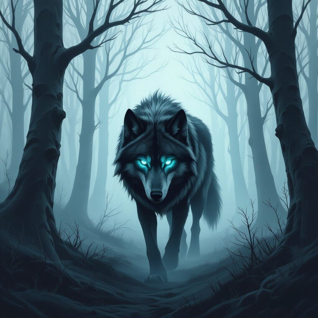 Spectral Wolf in Monochrome Mist Forest