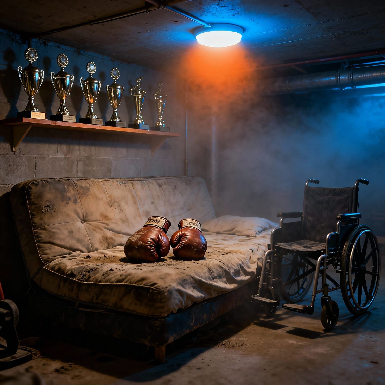 Boxing Gloves on Futon with Trophies and Wheelchair
