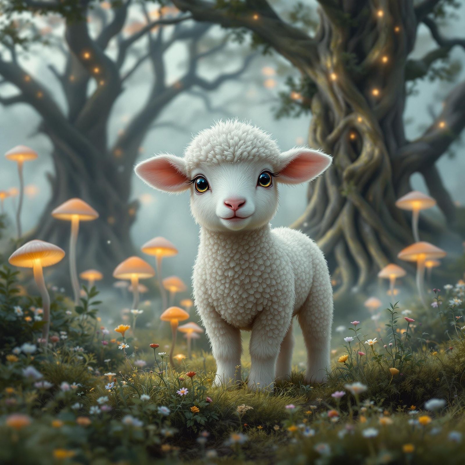 Lamb in Enchanted Glade: Photorealistic Mystical Scene