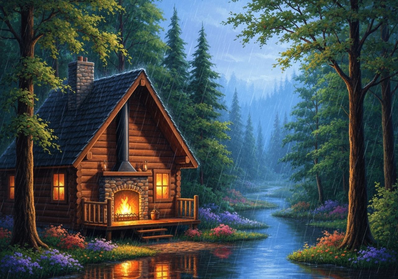 Cozy Cabin in Rainy Forest: Kinkade-Ross Inspired