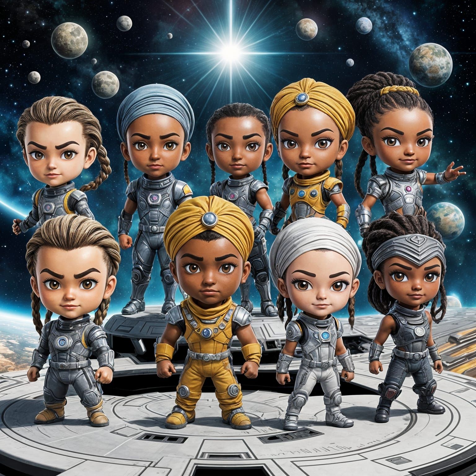 Chibi Superhero Crew on Spaceship Command Deck