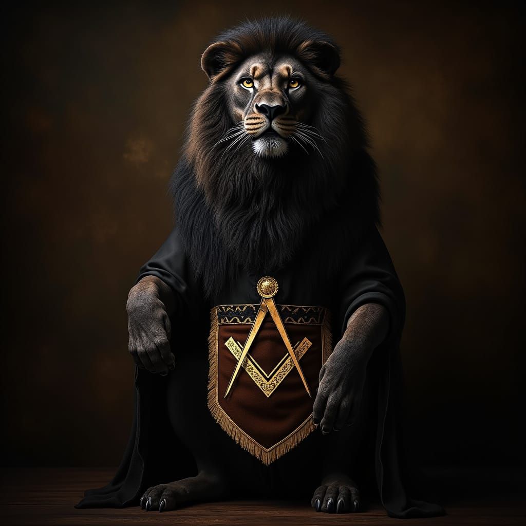 Regal Black Lion with Masonic Symbolism in Chiaroscuro