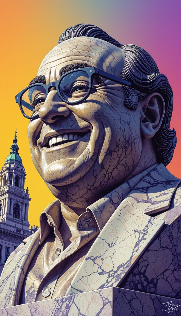 Danny DeVito Marble Statue Against Vibrant Gradient