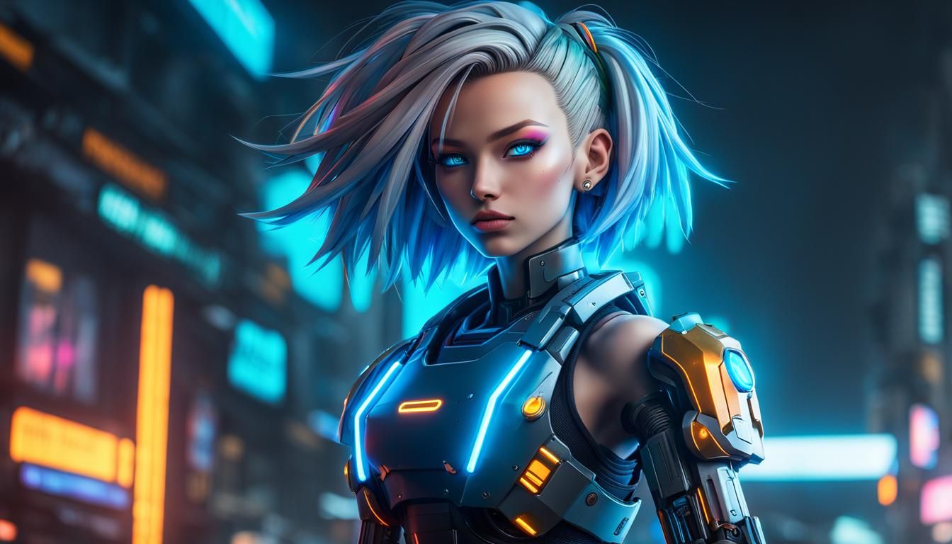 Neon Cyborg Girl in Cyberpunk Style