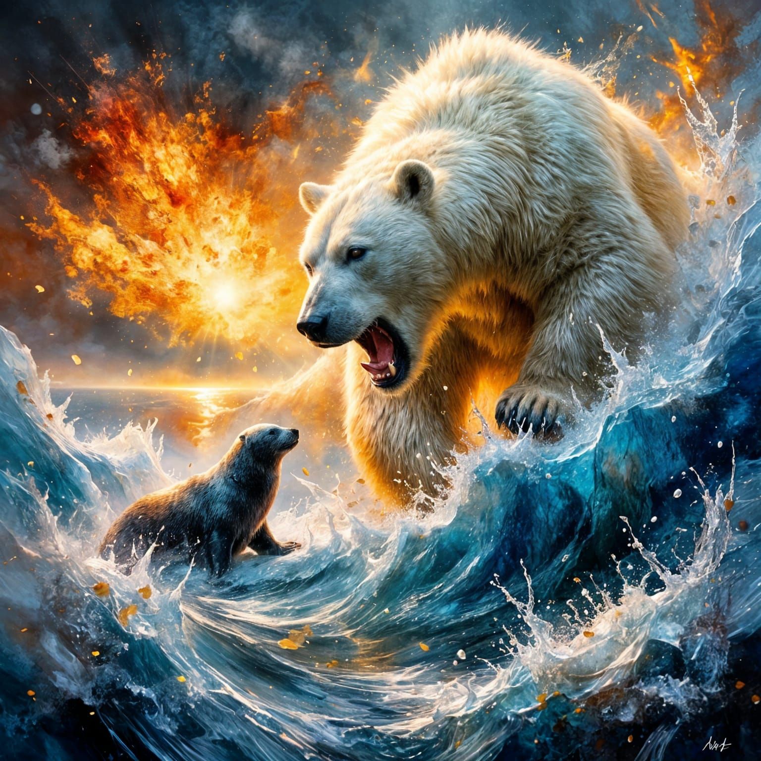 Fiery Polar Bear Roars Amidst Icy Waters in Glacial Impasto