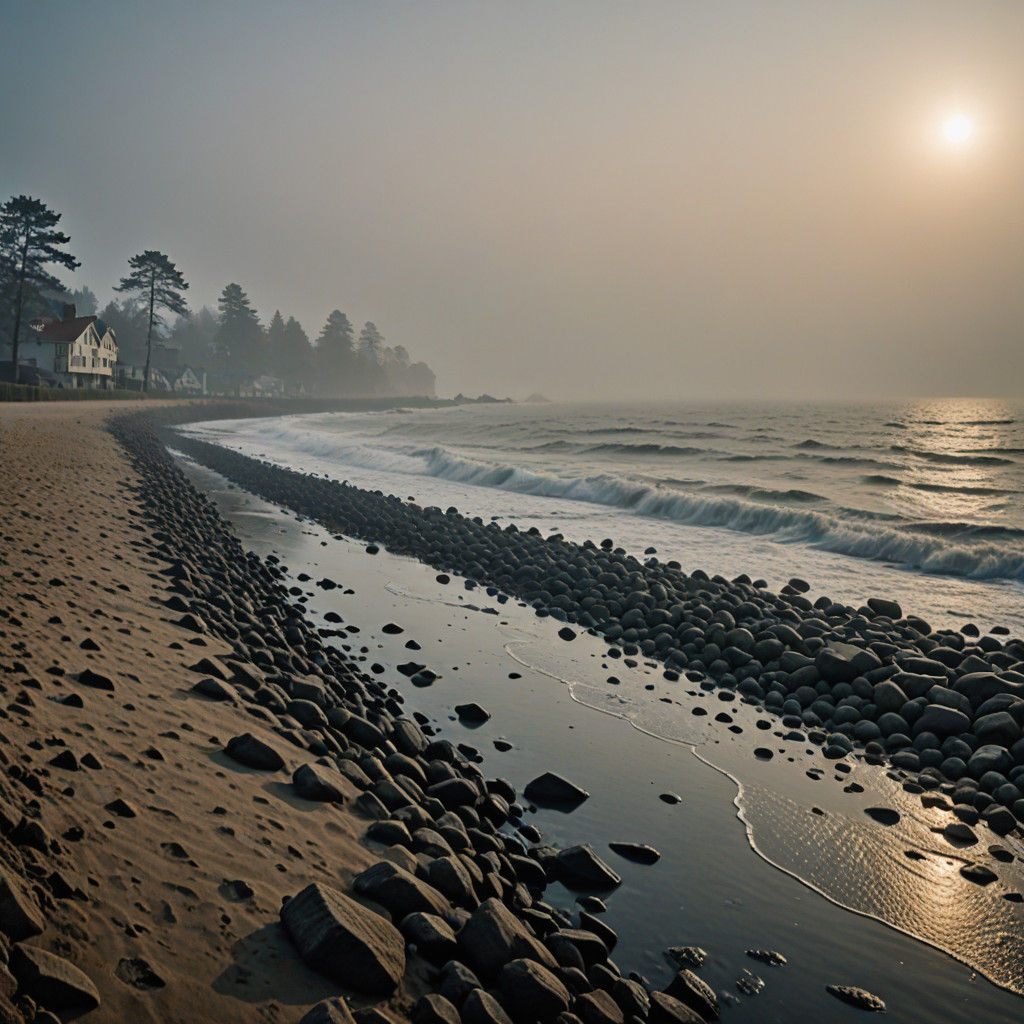 Mysterious Riverbank Enshrouded in Fog