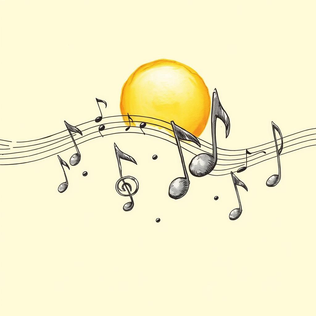 Ethereal Musical Notes Under Golden Sunrise in Ink