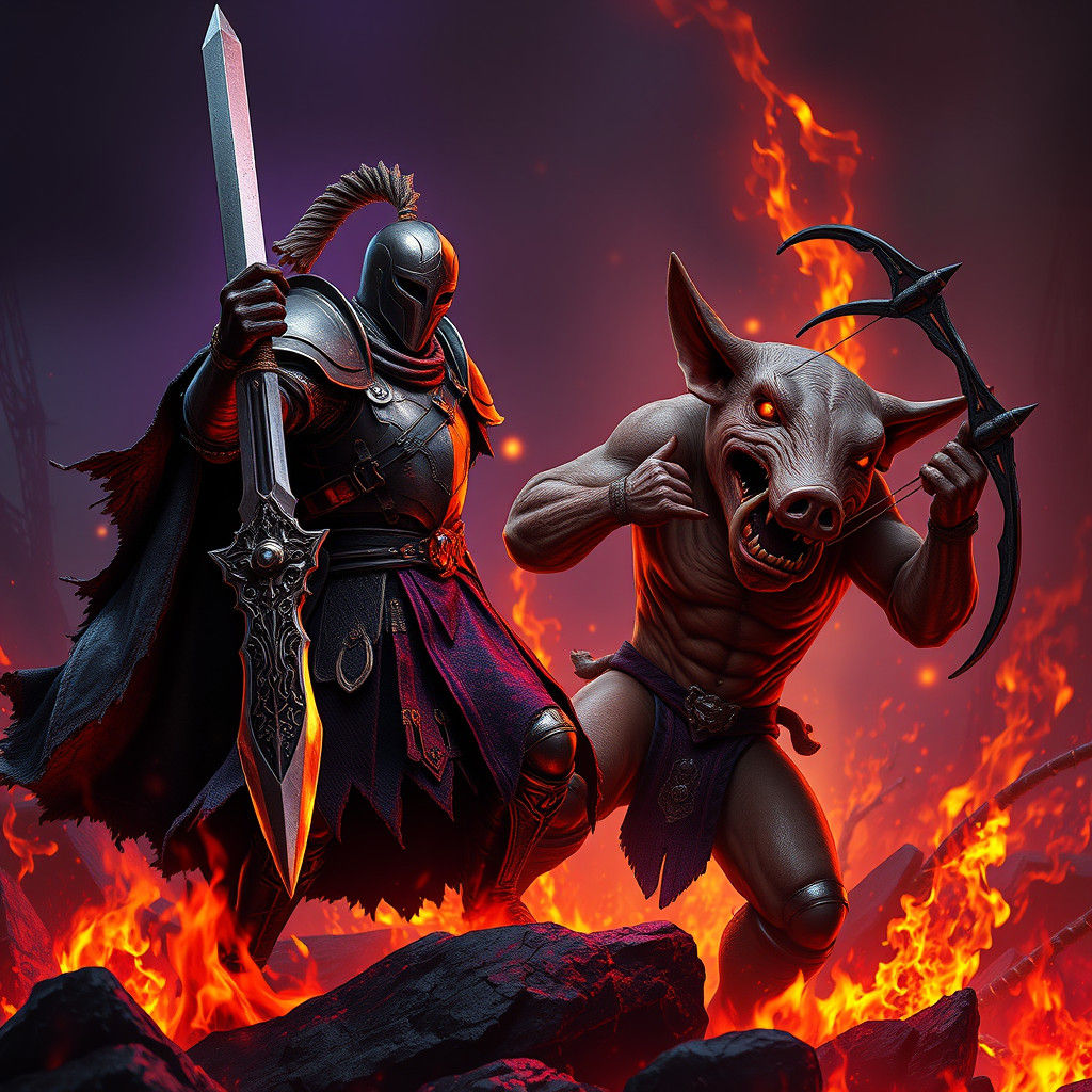 Armored Knight Battles Pig Monster in Apocalyptic Underworld