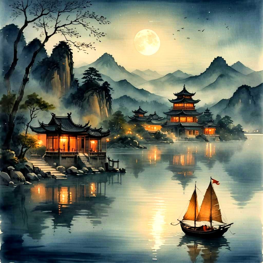 Moonlit Chinese Sailboat on Lake, Watercolor Style