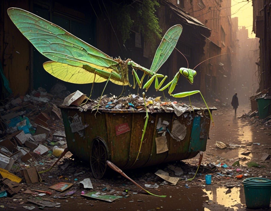 giant praying mantis on a garbage can