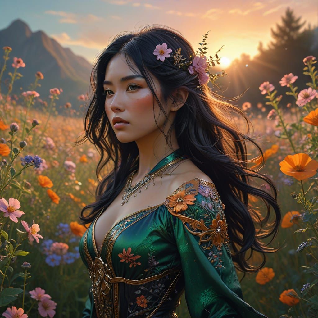 Japanese Woman in Wildflower Field at Dawn