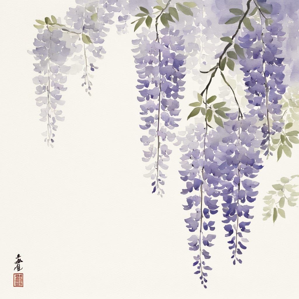 Yamato-e Painting of Wisteria Blossoms in Gentle Breeze