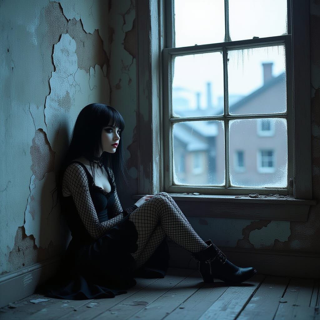 Goth Girl in Grayscale Room with Vibrant View
